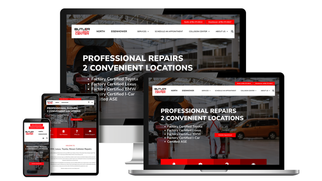 Butler Collision Center auto body shop website displayed across desktop, tablet, and mobile devices