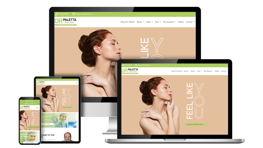 Dr. Paletta plastic surgery medical practice website displayed across desktop, tablet, and mobile devices