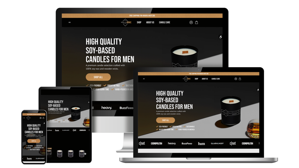 Wax & Wick soy candle Shopify eCommerce store displayed across desktop, tablet, and mobile devices